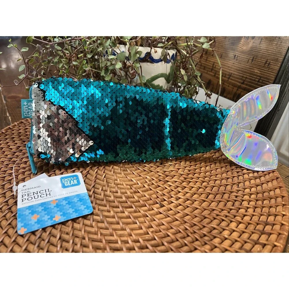 Pen & Gear Mermaid Tail Pencil Pouch Pen Case w/Zipper & Teal/Silver Sequins